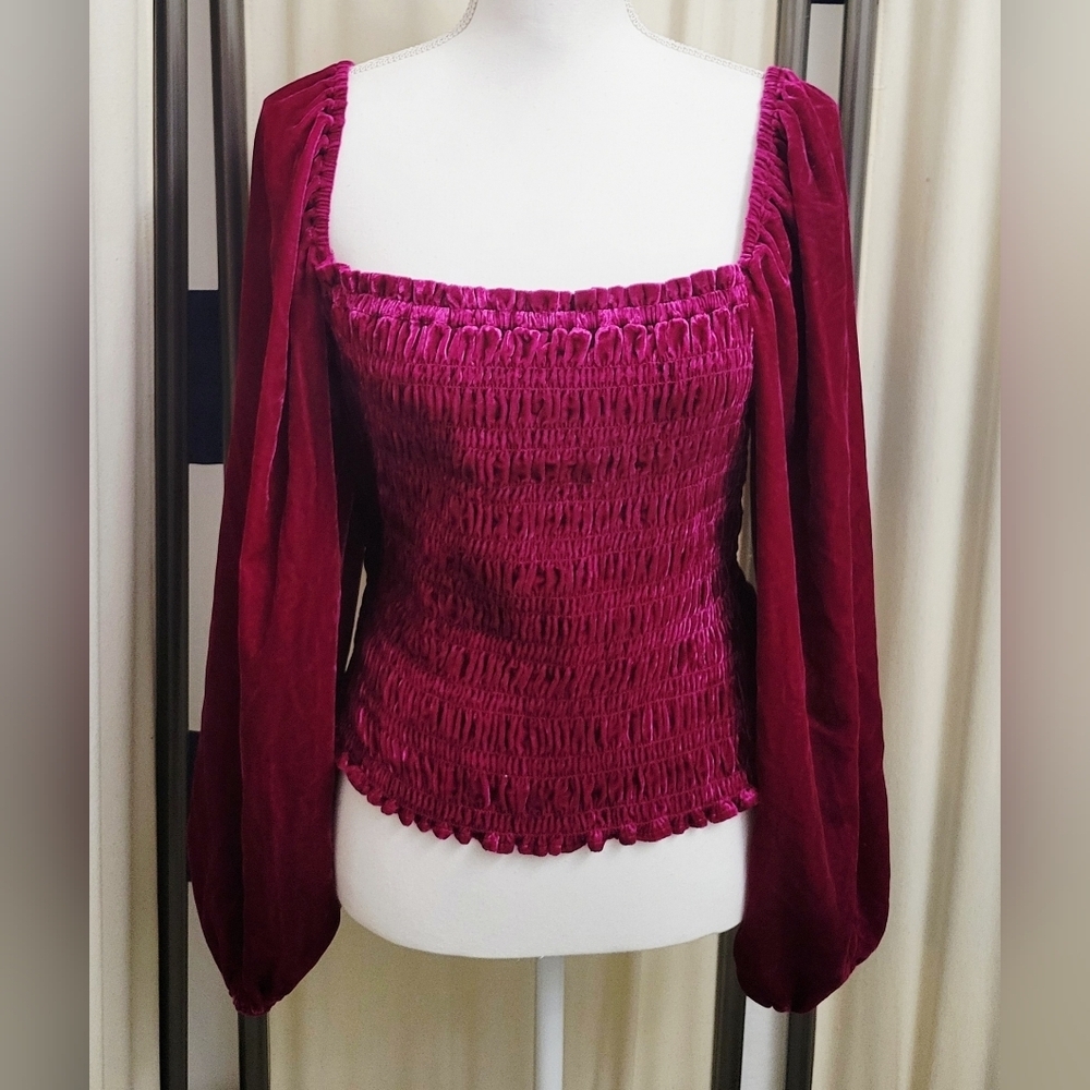 Anthropologie Pink Smocked Velvet Blouse w/Balloon Sleeves | Size X-Large